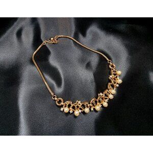 Rare Find Vintage Trifari 1950s Gold-Tone Necklace With Faux Pearls & Rhinestone